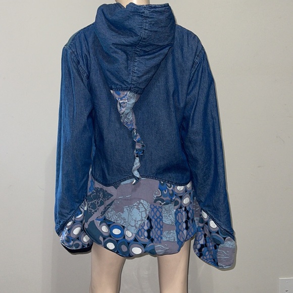 Denim Hooded Geometric Zip Up Coat XL - Picture 9 of 12